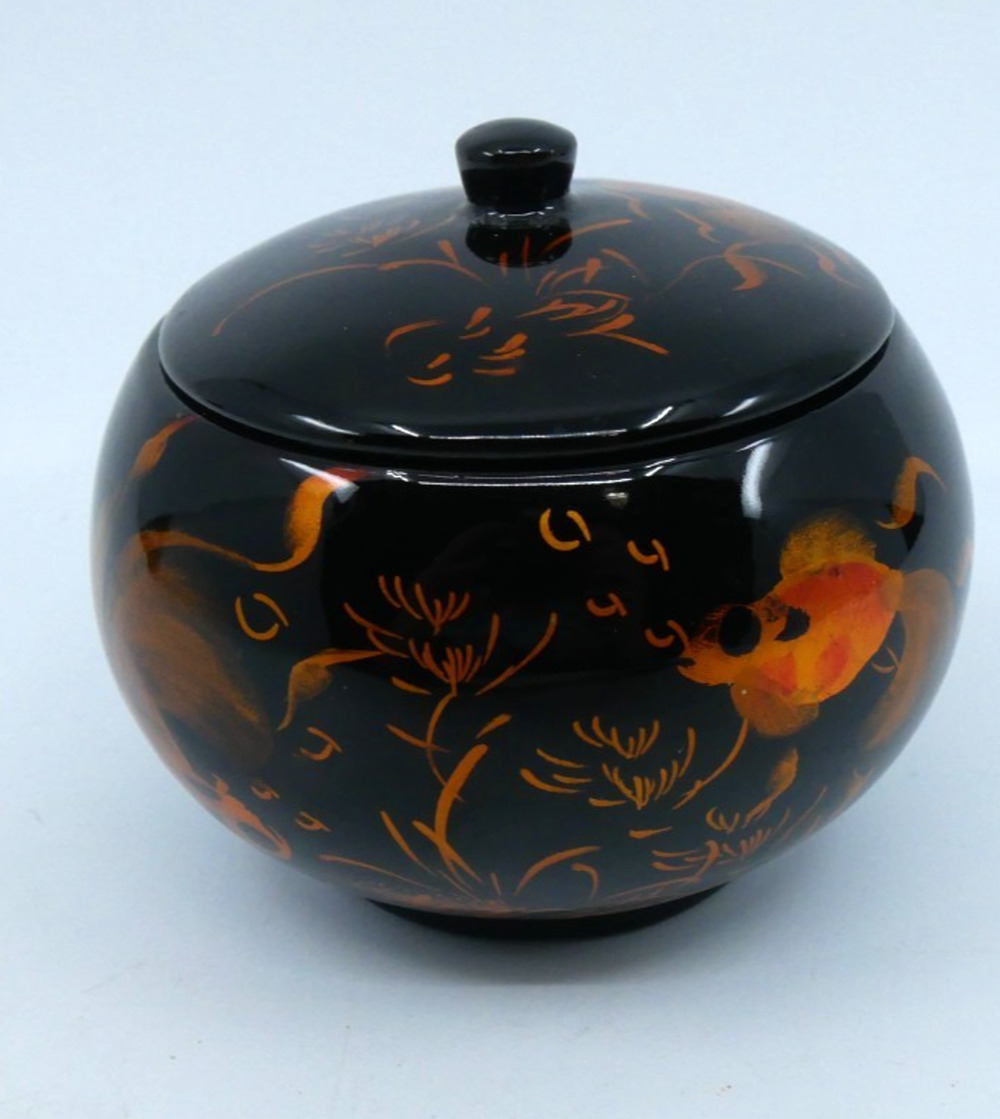 Round Lidded Lacquer Trinket Box Fancy Goldfish Hand Painted Designs Black Gloss